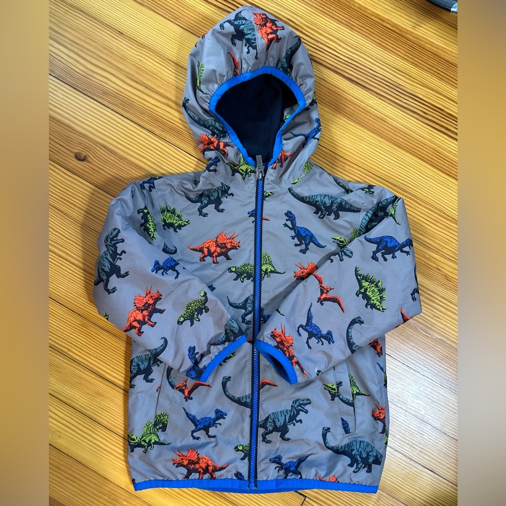 Hatley Gray Dino Print Hooded Raincoat with Blue Trim